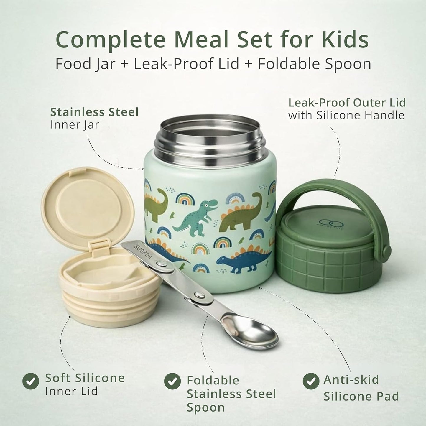 Stainless Steel Kids Lunch Box with Foldable Spoon